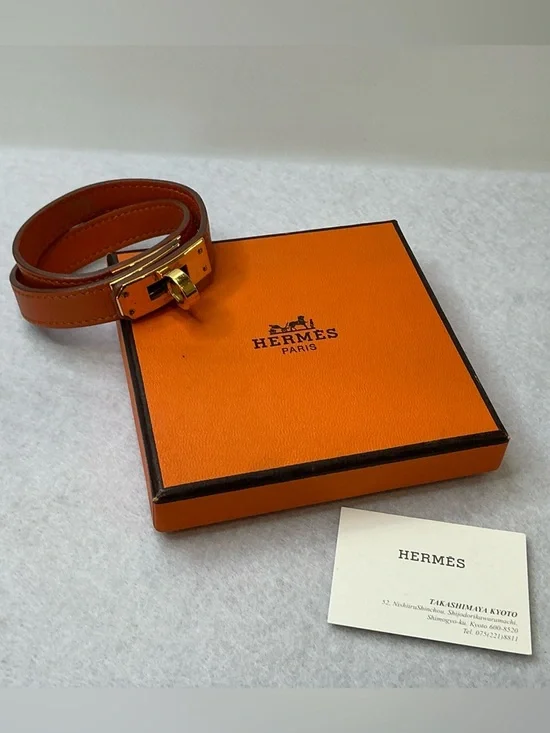 Hermes Kelly Double Tour Leather Bracelet Orange Gold Leather Bracelet - Picture 4 of 13